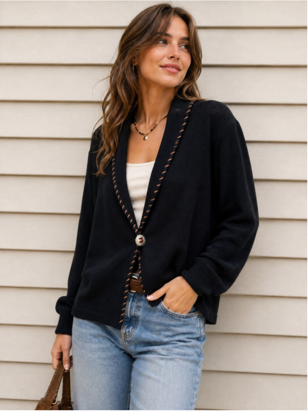 Lauren Ralph Lauren Cardigan XL Black Linen Cotton Western Concho Sweater